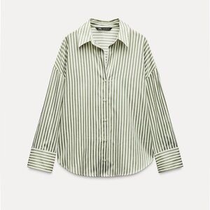 EUC • ZARA Green Oversized Striped Shirt